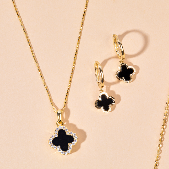 Petit Comité Oorbellen Klaver Onyx Zilver Diamand